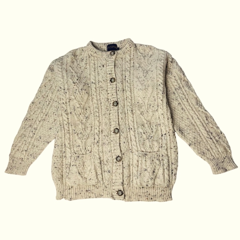 VTG Acorn 100% British Wool Aran Cable Knit Size Large Fisherman Sweater Unisex